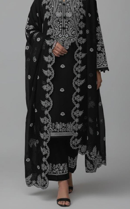 (A185) Black Lawn Cotton Embroided Dress (3 pcs Unstitched)