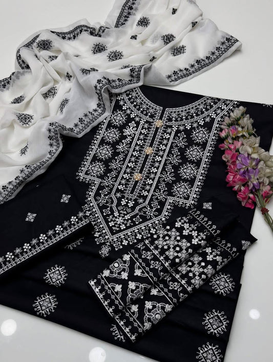 (A185) Black Lawn Cotton Heavy Embroided Dress (3 pcs Unstitched)