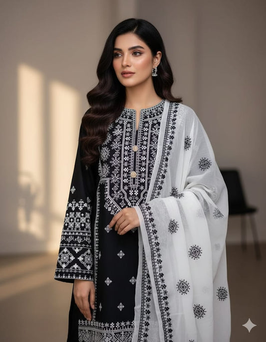 (A185) Black Lawn Cotton Heavy Embroided Dress (3 pcs Unstitched)